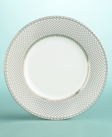 This lacey design was inspired by an antique transferware place setting. The innovation of copperplate engraving was 'transferred' to pottery in the 18th and 19th centuries, newly allowing fine details to be rendered on ceramic glazes. The luminous fine china French Knot dinner plates are encircled with delicate filagree patterned bands. Accent plates are intricately laced with a border-wide network of tiny filagree dots, like a deft hand-embroidery, or an exquisite Tønder lace. This lacey design was inspired by an antique transferware place setting. The innovation of copperplate engraving was 'transferred' to pottery in the 18th and 19th centuries, newly allowing fine details to be rendered on ceramic glazes. The luminous fine china French Knot dinner plates are encircled with delicate filagree patterned bands. Accent plates are intricately laced with a border-wide network of tiny filagree dots, like a deft hand-embroidery, or an exquisite Tønder lace.