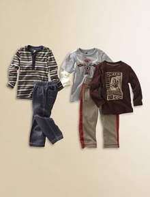 Five easy pieces add up to a whole wardrobe of effortless style for your little guy.One striped, long sleeve henley tee with button placketOne crewneck tee with a graphic bull screen and layered-look long sleevesOne long sleeve, crewneck tee with a Mexican cowboy stamp designOne pair of elastic-waist, denim look knit pantsOne pair of elastic-waist knit pants with contrast sides and stitchingCottonMachine washImported Five easy pieces add up to a whole wardrobe of effortless style for your little guy.One striped, long sleeve henley tee with button placketOne crewneck tee with a graphic bull screen and layered-look long sleevesOne long sleeve, crewneck tee with a Mexican cowboy stamp designOne pair of elastic-waist, denim look knit pantsOne pair of elastic-waist knit pants with contrast sides and stitchingCottonMachine washImported