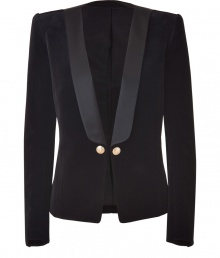 Classic with a modern twist, this luxe tuxedo jacket from Balmain adds stylish pizzazz to any look - Wide satiny lapels, single button closure with gold-tone buttons, long sleeves, fitted silhouette, button cuffs - Wear with leather leggings, a bustier, and platform heels Classic with a modern twist, this luxe tuxedo jacket from Balmain adds stylish pizzazz to any look - Wide satiny lapels, single button closure with gold-tone buttons, long sleeves, fitted silhouette, button cuffs - Wear with leather leggings, a bustier, and platform heels