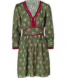 Stylish dress made ..from fine printed bamboo - Wonderfully soft and flattering - Fashionable print in olive green and magenta - The silhouette is slim fitted, with a V-neck, decorative accent piping and long sleeves - Can be tied in the back with a bow - Elegantly gathered, loosely falling, short mini skirt - A favorite dress for work, cool parties and events - Wear with booties, platform pumps or boots Stylish dress made ..from fine printed bamboo - Wonderfully soft and flattering - Fashionable print in olive green and magenta - The silhouette is slim fitted, with a V-neck, decorative accent piping and long sleeves - Can be tied in the back with a bow - Elegantly gathered, loosely falling, short mini skirt - A favorite dress for work, cool parties and events - Wear with booties, platform pumps or boots