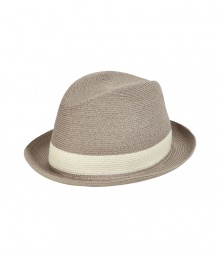 Stylish hat in fine, sand-colored woven viscose - A modern spin on the classic Trilby - Chic contrast cream trim - An elegant, go-to accessory this season and an indispensable warm weather must - Pair with button downs, t-shirts and Bermudas or linen pants Stylish hat in fine, sand-colored woven viscose - A modern spin on the classic Trilby - Chic contrast cream trim - An elegant, go-to accessory this season and an indispensable warm weather must - Pair with button downs, t-shirts and Bermudas or linen pants