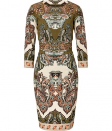 Work an iconic Etro paisley into your polished daytime wardrobe with this ultra luxe stretch-wool olive-multi tailored sheath - Round neckline, 3/4 sleeves, allover print, contrast printed cuffs and hemline, pleated waistline, hidden back zip - Tailored fit - Team with colorful accessories and chunky statement jewelry Work an iconic Etro paisley into your polished daytime wardrobe with this ultra luxe stretch-wool olive-multi tailored sheath - Round neckline, 3/4 sleeves, allover print, contrast printed cuffs and hemline, pleated waistline, hidden back zip - Tailored fit - Team with colorful accessories and chunky statement jewelry