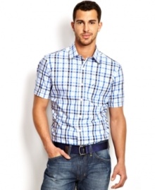 Shorten your seasonal look with this plaid woven shirt from Nautica. Shorten your seasonal look with this plaid woven shirt from Nautica.