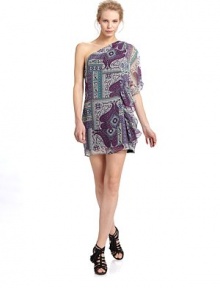 Dramatic asymmetrical ruffles give this bright floral paisley look a playful twist.Asymmetrical neckline Ruffles down one side Side zipper Fully lined About 33 from shoulder to hem Polyester Dry clean Imported Dramatic asymmetrical ruffles give this bright floral paisley look a playful twist.Asymmetrical neckline Ruffles down one side Side zipper Fully lined About 33 from shoulder to hem Polyester Dry clean Imported