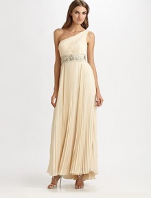 A gorgeous floor-length silhouette shaped with a beaded empire waist and flouncy sunburst skirt.One-shoulder styleConcealed side zip closureCrinkled bodiceEmpire waistPleated sunburst skirtAbout 45 from natural waistFully linedPolyesterDry cleanImportedModel shown is 5'10 (177cm) wearing US size 4.This style runs true to size. We recommend ordering your usual size for a standard fit. A gorgeous floor-length silhouette shaped with a beaded empire waist and flouncy sunburst skirt.One-shoulder styleConcealed side zip closureCrinkled bodiceEmpire waistPleated sunburst skirtAbout 45 from natural waistFully linedPolyesterDry cleanImportedModel shown is 5'10 (177cm) wearing US size 4.This style runs true to size. We recommend ordering your usual size for a standard fit.