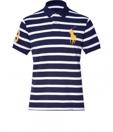 Stylish polo shirt in fine, navy blue and white striped pique cotton - A modern riff on a venerable classic from Ralph Lauren - Slim, straight cut - Small collar and short button placket - Oversize polo pony logo at chest and numbered sleeve - Hem hangs slightly longer in the back - Casually cool, ideal for everyday leisure - Pair with jeans, chinos or shorts Stylish polo shirt in fine, navy blue and white striped pique cotton - A modern riff on a venerable classic from Ralph Lauren - Slim, straight cut - Small collar and short button placket - Oversize polo pony logo at chest and numbered sleeve - Hem hangs slightly longer in the back - Casually cool, ideal for everyday leisure - Pair with jeans, chinos or shorts