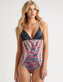 An intriguing swimsuit with an idyllic combination of contrasting prints and a head-turning neckline. Plunging necklineSelf ties at backRayon/polyesterHand washMade in Italy of imported fabric An intriguing swimsuit with an idyllic combination of contrasting prints and a head-turning neckline. Plunging necklineSelf ties at backRayon/polyesterHand washMade in Italy of imported fabric