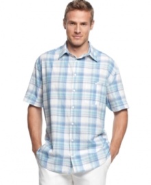 Plaid makes even this relaxed ombre plaid shirt from Perry Ellis pop so you'll stand out in a crowd wherever you are.