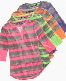 Jeweled buttons and bright stripes dress up this henley tee from Planet Gold. Jeweled buttons and bright stripes dress up this henley tee from Planet Gold.