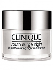 Youth Surge Night Age Decelerating Night Moisturizer. Building on Sirtuin technology, Clinique science uses youth-extending agents to create a nightly moisturizer that helps intensify the nightly cycle of natural repair. Plumped with natural collagen, lines and wrinkles appear to evaporate. Skin gains that energized 8-hour effect come morning.For Very Dry to Dry Skins 1.7 oz. Youth Surge Night Age Decelerating Night Moisturizer. Building on Sirtuin technology, Clinique science uses youth-extending agents to create a nightly moisturizer that helps intensify the nightly cycle of natural repair. Plumped with natural collagen, lines and wrinkles appear to evaporate. Skin gains that energized 8-hour effect come morning.For Very Dry to Dry Skins 1.7 oz.