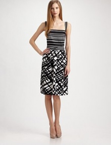 EXCLUSIVELY AT SAKS.COM Cool stretch cotton design pairs two eye-catching patterns: a rib-knit striped bodice and bold, graphic-grid skirt.Square neckline Self belt with covered buckle Shirred waist Concealed back zip Fully lined About 26 from natural waist 97% cotton/3% spandex Dry clean Made in USA of imported fabricOUR FIT MODEL RECOMMENDS ordering true size. 