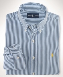 A trim-fitting long-sleeved shirt is crafted from silky cotton poplin in a bold striped pattern.