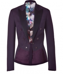 Equestrian chic proved one of the seasons most wearable trends, and this plum riding jacket from Paul Smith undoubtedly ups the ante on manor-worthy elegance - Slim, fitted cut tapers through waist - Small collar, wide contrast lapels and two rows of buttons - Extended, pleated back panel creates a gentle peplum effect - Lush, multicolor graphic print lining - Seamlessly transitions from work to evening cocktails, parties and dinners - Pair with leather pants or pencil skirts, skinny dark denim or suit trousers