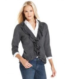 Style&co.'s cardigan looks especially feminine with a double tier of ruffles at the neck, front placket and hem.