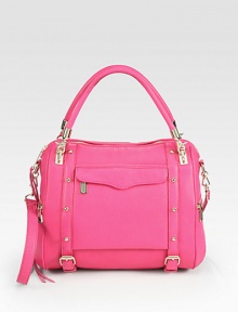 Beautiful pebbled leather with shiny hardware and a convenient shoulder strap, the perfect carryall.Detachable double top handles, 6 dropDetachable shoulder strap, 15-18 dropTop zip closureOne outside zip pocket under flapTwo side zip pocketsOne outside open pocketStud and buckle detailsOne inside zip pocketTwo inside open pocketsFully lined11W X 10¼H X 5DImported Beautiful pebbled leather with shiny hardware and a convenient shoulder strap, the perfect carryall.Detachable double top handles, 6 dropDetachable shoulder strap, 15-18 dropTop zip closureOne outside zip pocket under flapTwo side zip pocketsOne outside open pocketStud and buckle detailsOne inside zip pocketTwo inside open pocketsFully lined11W X 10¼H X 5DImported