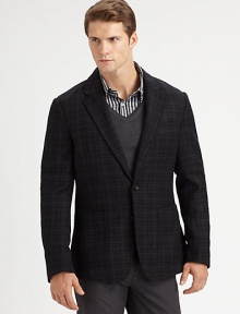 Single-breasted blazer displays a rich, textured appearance, tailored in superior virgin wool with a simple check pattern finish.Button-frontNotch lapelChest, waist patch pocketsSide ventsFully linedWoolDry cleanImported