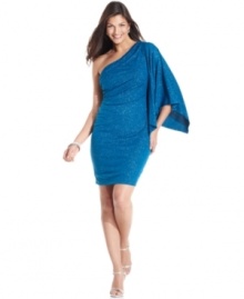 Onyx's plus size dress is outfitted with a chic, fully sparkled silhouette. The one-shoulder style adds extra drama!