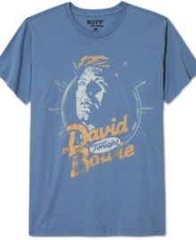 Jazzin' for Blue Jeans: A album-themed tee from Riff T-Shirt with a vintage-effect graphic showing David Bowie during his Eighties heyday. Jazzin' for Blue Jeans: A album-themed tee from Riff T-Shirt with a vintage-effect graphic showing David Bowie during his Eighties heyday.