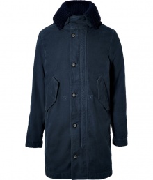 Inject a chic utilitarian edge into your outerwear wardrobe with Closeds washed navy weighty cotton parka, complete with a removable knit collar and full fleece lining cool enough to wear alone as a jacket - Removable navy ribbed knit wool collar, cotton spread collar underneath with hood and stand-up snapped front, hidden two-way front zip, button-down front, long sleeves, buttoned cuffs, snapped flap pockets, inside drawstring waistline, full grey fleece button-on removable lining - Classic straight fit - Wear with rugged winter boots and chic cashmere knit caps