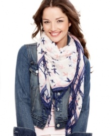 Spread your fashion wings with this darling printed scarf from American Rag. The colorful pattern features bird silhouettes for a unique, everyday accessory. Spread your fashion wings with this darling printed scarf from American Rag. The colorful pattern features bird silhouettes for a unique, everyday accessory.