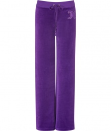 Kick-start your new season off-duty look with Juicy Coutures boucl? logo velour pants - Drawstring waistline, flared leg, thick knit textural boucl? oversized logo on thigh - Figure-hugging fit, sits low on the hips - Style with a tee and cozy pullover, or for a sportier look, with a matching hoodie and flats Kick-start your new season off-duty look with Juicy Coutures boucl? logo velour pants - Drawstring waistline, flared leg, thick knit textural boucl? oversized logo on thigh - Figure-hugging fit, sits low on the hips - Style with a tee and cozy pullover, or for a sportier look, with a matching hoodie and flats