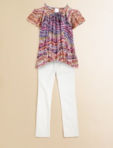 She'll give everyone the bold shoulder in this rainbow-hued knit with an edgy, deconstructed hem.ScoopneckShort flutter sleeves with shoulder cut-outsPullover styleUneven hem65% cotton/35% polyesterHand washMade in the USA of imported fabric She'll give everyone the bold shoulder in this rainbow-hued knit with an edgy, deconstructed hem.ScoopneckShort flutter sleeves with shoulder cut-outsPullover styleUneven hem65% cotton/35% polyesterHand washMade in the USA of imported fabric