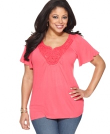 AGB's flutter sleeve plus size top is a perfect addition to your weekend wardrobe-- sport it with your favorite jeans!