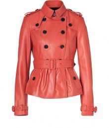 Iconic trench styling gets a chic urban remake in Burberry Londons ultra soft lambskin jacket, tailored to perfection with an impeccable short cut - Classic collar with hook closure, long sleeves with belted cuffs, epaulettes, gun flaps, double-breasted button-down front, belted waist, rain shield, ruffled hemline - Form-fitting - Pair with edgy separates and contemporary leather boots Iconic trench styling gets a chic urban remake in Burberry Londons ultra soft lambskin jacket, tailored to perfection with an impeccable short cut - Classic collar with hook closure, long sleeves with belted cuffs, epaulettes, gun flaps, double-breasted button-down front, belted waist, rain shield, ruffled hemline - Form-fitting - Pair with edgy separates and contemporary leather boots