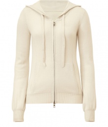 Raise the bar on contemporary classics with Closeds pale beige cashmere knit hoodie - Slim cut, zip up style, with a drawstring hood, banded waist and front kangaroo pocket - Extra-long sleeves bell gently at cuffs - Casually cool, great for everyday leisure in lieu of a traditional pullover or sweatshirt - Pair with a miniskirt, shorts, or cuffed boyfriend jeans