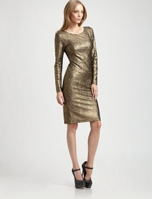 Liquid gold pours over the body in a fitted sheath styled with a sleek mesh back and peek-a-boo cutouts.FittedBoatneckLong sleevesFlat frontCenter back zipperBack slitAbout 23 from natural waistPolyesterDry cleanImportedModel shown is 5'9 (175cm) wearing US size Small. Liquid gold pours over the body in a fitted sheath styled with a sleek mesh back and peek-a-boo cutouts.FittedBoatneckLong sleevesFlat frontCenter back zipperBack slitAbout 23 from natural waistPolyesterDry cleanImportedModel shown is 5'9 (175cm) wearing US size Small.
