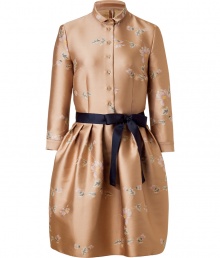 Channel retro-inspired ladylike style in this lavish printed silk dress from Jil Sander Navy - Small spread collar, front button half placket, long sleeves, contrasting grosgrain waist belt, fitted bodice, pleated full swing skirt, all-over print - Wear with a cropped cardigan, peep-toe pumps, and a satchel