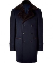 Channel classic sophistication in this luxe cashmere-blend coat for Etro - Wide lapels, faux fur collar, long sleeves, double-breasted, front button placket, welt pockets, back belt detail - Wear with slim trousers, a cashmere pullover, and brogues