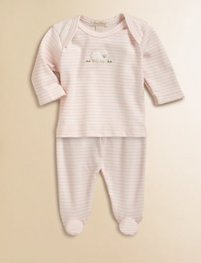 Darling embroidered sheep and scalloped trim detail the top while a colorful allover stripe also styles the footed pants. Top Envelope necklineLong sleeves with scalloped cuffsPullover style Pants Elastic waistbandPima cottonMachine washImported Darling embroidered sheep and scalloped trim detail the top while a colorful allover stripe also styles the footed pants. Top Envelope necklineLong sleeves with scalloped cuffsPullover style Pants Elastic waistbandPima cottonMachine washImported