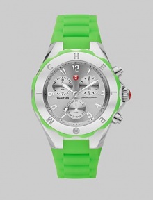 From the Tahitian Jelly Bean Collection. A fun and colorful design with technical appeal. Quartz movementWater resistant to 7 ATMRound stainless steel case, 40mm (1.6)Logo etched bezelSilver chronograph dialNumeric hour markersSecond hand Green silicone strapImported