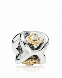 Glowing 14K gold posies with diamond centers pop from a polished sterling silver PANDORA charm. Glowing 14K gold posies with diamond centers pop from a polished sterling silver PANDORA charm.