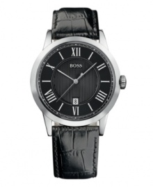 Classically handsome styling allows this sleek Hugo Boss dress watch to outlast trends. Black croc-embossed leather strap and round stainless steel case. Black dial with inner striped dial features silvertone Roman numerals, date window at six o'clock, and logo. Quartz movement. Water resistant to 30 meters. Two-year limited warranty. Classically handsome styling allows this sleek Hugo Boss dress watch to outlast trends. Black croc-embossed leather strap and round stainless steel case. Black dial with inner striped dial features silvertone Roman numerals, date window at six o'clock, and logo. Quartz movement. Water resistant to 30 meters. Two-year limited warranty.