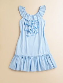 A cute drop-waist dress in a soft cotton blend is finished with ruffles for a pretty look.Ruffled scoopneckSleevelessPullover styleDrop-waistRuffled hem60% cotton/40% modalMachine washImported A cute drop-waist dress in a soft cotton blend is finished with ruffles for a pretty look.Ruffled scoopneckSleevelessPullover styleDrop-waistRuffled hem60% cotton/40% modalMachine washImported