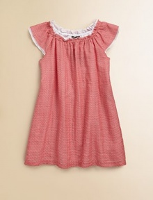 Distinctive logos accent this simply stylish frock.Ruffled crewneckShort sleevesPull-on styleA-line57% silk/43% cottonMachine washImported Distinctive logos accent this simply stylish frock.Ruffled crewneckShort sleevesPull-on styleA-line57% silk/43% cottonMachine washImported