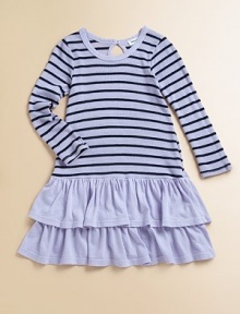 A sweet, simple dress, as long on comfort as on style, with a cozy waffle-stitch striped top and smooth jersey ruffled skirt.Round jersey necklineLong sleevesKeyhole button back closeDropped waistRuffled jersey skirt35% cotton/35% micro modal/30% polyesterHand washMade in USA A sweet, simple dress, as long on comfort as on style, with a cozy waffle-stitch striped top and smooth jersey ruffled skirt.Round jersey necklineLong sleevesKeyhole button back closeDropped waistRuffled jersey skirt35% cotton/35% micro modal/30% polyesterHand washMade in USA