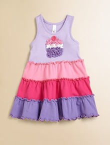 Tiers of ruffles, a purl edge hem and a colorful cupcake design adorn this soft cotton frock.ScoopneckSleevelessPullover styleFull skirt with purl edge hem95% cotton/5% spandexMachine washImported Tiers of ruffles, a purl edge hem and a colorful cupcake design adorn this soft cotton frock.ScoopneckSleevelessPullover styleFull skirt with purl edge hem95% cotton/5% spandexMachine washImported
