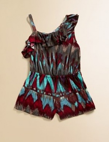This electrifying, one-shoulder shorts jumpsuit with pretty ruffles will make her jump for joy.Asymmetrical necklineOne ruffled shoulderPull-on styleElastic waistbandRayonMachine washImported This electrifying, one-shoulder shorts jumpsuit with pretty ruffles will make her jump for joy.Asymmetrical necklineOne ruffled shoulderPull-on styleElastic waistbandRayonMachine washImported