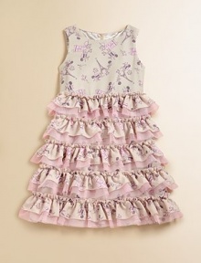 Ooh la la, charming scenes of Paris are printed on an adorable crepe frock with a tiered skirt of self and sheer ruffles.Round neckline with contrast pipingSleevelessEmpire waist with wide contrast ribbonSkirt with double ruffles of crepe and sheer chiffonBack zip closeFully linedPolyesterMachine washImported Ooh la la, charming scenes of Paris are printed on an adorable crepe frock with a tiered skirt of self and sheer ruffles.Round neckline with contrast pipingSleevelessEmpire waist with wide contrast ribbonSkirt with double ruffles of crepe and sheer chiffonBack zip closeFully linedPolyesterMachine washImported