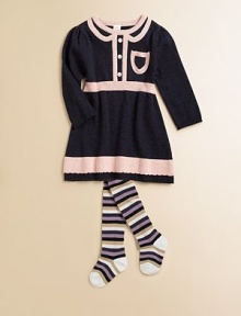 A cute, cozy knit frock is updated with front button detail, faux Peter Pan collar and front chest pocket, plus contrasting striped trim.Crewneck with faux Peter Pan collarLong puff sleevesPullover styleRibbed cuffs and hemPatch pocketCottonMachine washImported A cute, cozy knit frock is updated with front button detail, faux Peter Pan collar and front chest pocket, plus contrasting striped trim.Crewneck with faux Peter Pan collarLong puff sleevesPullover styleRibbed cuffs and hemPatch pocketCottonMachine washImported