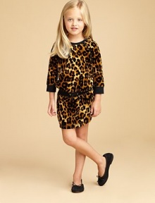 A bold leopard print adds a flash of brilliance to this three-quarter sleeve velour frock with drawstring waistband and slash pockets.CrewneckThree-quarter raglan sleevesPullover styleElastic & drawstring waistbandFront slash pocketCotton/PolyesterMachine washImported A bold leopard print adds a flash of brilliance to this three-quarter sleeve velour frock with drawstring waistband and slash pockets.CrewneckThree-quarter raglan sleevesPullover styleElastic & drawstring waistbandFront slash pocketCotton/PolyesterMachine washImported