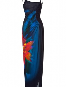 Luxurious evening dress in fine dark blue synthetic fiber blend with tropical floral print - outstanding noble and flattering quality - slim floor length cut with elegant drape which sexily accentuates the silhouette - slim straps - glamorous and sexy, elegant and modern, simply a beautiful evening gown in a great classic color - pair with noble sandals