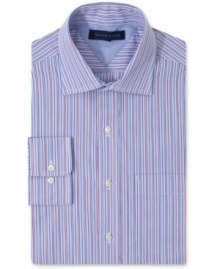 Stir up your work-week collection with standout multicolor stripes on this Tommy Hilfiger dress shirt.