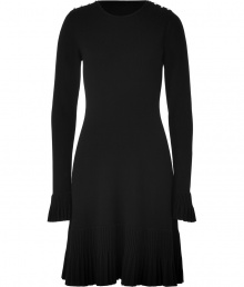 Demure yet highly chic, this luxe cashmere-blend knit dress from Azzaro is the perfect solution for office-to-evening style conundrum - Round neck, long sleeves with ruffle cuff, crystal buttons at shoulders, fitted bodice, flared skirt with pleated ruffle hem - Wear with peep-toe platforms and a statement clutch Demure yet highly chic, this luxe cashmere-blend knit dress from Azzaro is the perfect solution for office-to-evening style conundrum - Round neck, long sleeves with ruffle cuff, crystal buttons at shoulders, fitted bodice, flared skirt with pleated ruffle hem - Wear with peep-toe platforms and a statement clutch