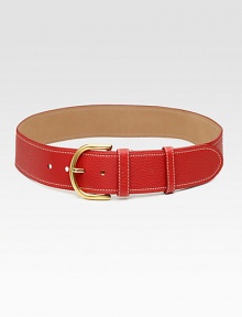 A classic, leather style with a curved, metal buckle and logo stamped belt keeper. Width, about 2Made in Italy A classic, leather style with a curved, metal buckle and logo stamped belt keeper. Width, about 2Made in Italy
