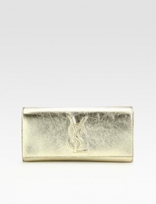 A sleek flap-front bag crafted from luxe metallic leather embroidered with logo stitching.Magnetic flap and snap closureOne inside open pocketSatin lining11W X 6H X 1¾DMade in Italy A sleek flap-front bag crafted from luxe metallic leather embroidered with logo stitching.Magnetic flap and snap closureOne inside open pocketSatin lining11W X 6H X 1¾DMade in Italy