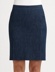 Finespun denim, in an easy, feminine style finished with sleek side pockets.Banded waistRight coin pocketSide slash pocketsFront pintucksConcealed back zipFully linedAbout 21 longCotton/polyurethaneDry cleanImportedModel shown is 5'10 (177cm) wearing US size 4.This style runs true to size. We recommend ordering your usual size for a standard fit. Finespun denim, in an easy, feminine style finished with sleek side pockets.Banded waistRight coin pocketSide slash pocketsFront pintucksConcealed back zipFully linedAbout 21 longCotton/polyurethaneDry cleanImportedModel shown is 5'10 (177cm) wearing US size 4.This style runs true to size. We recommend ordering your usual size for a standard fit.